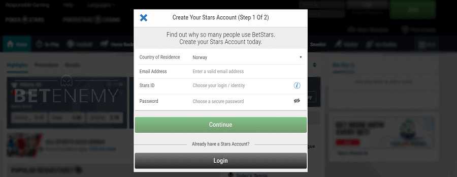 BetStars desktop registration